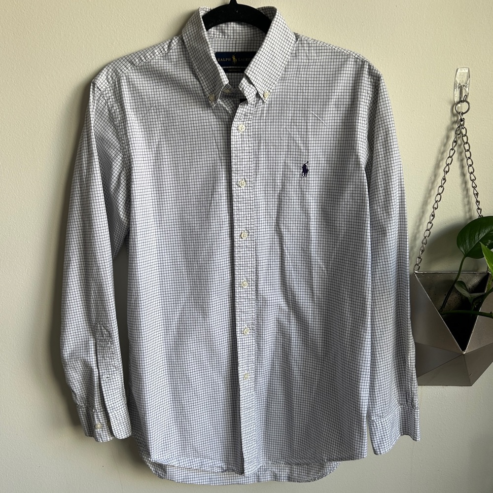 Ralph Lauren Button Down Dress Shirt White with Black Grid